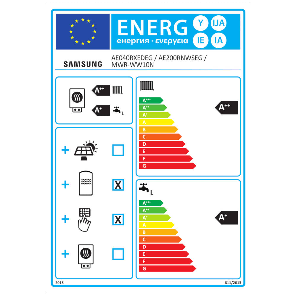 Samsung Split ClimateHub R32 hőszivattyú 4.4 kW + 200l-es tartály + vezetékes szabályzó, 1 fázis (SCH-R32-4.4-1-1) - energiacímke