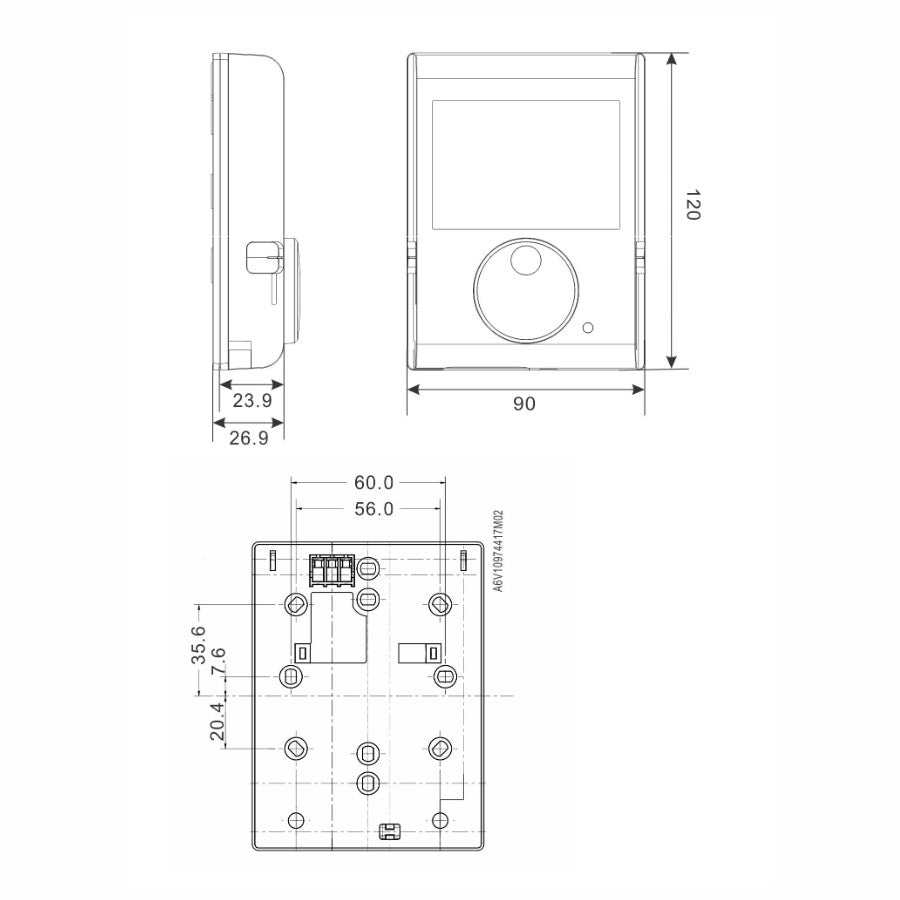 SIEMENS RDJ100 szobatermosztát, programozható (NAPI), öntanuló, digitális - méretrajz