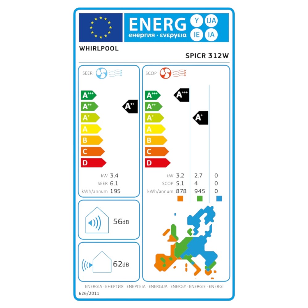 Whirlpool SPICR 312W mono split klíma szett 3.5 kW (A++) - Energiacímke.