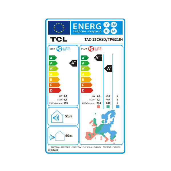 TCL Gentle Cool mono split klíma szett 3.4 kW, WIFI vezérlés (TAC-12CHSD/TPG21IH) - energiacímke