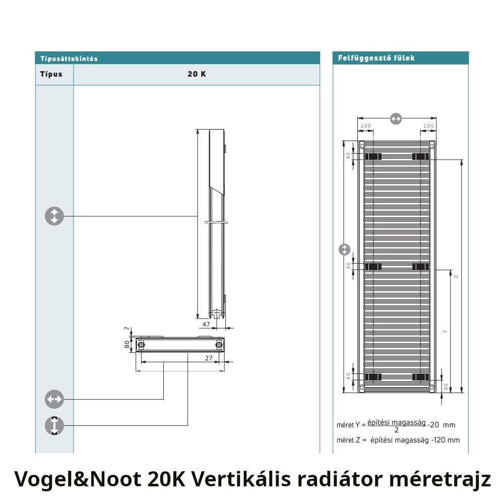 Vogel&Noot vertikális 20K 500x2000 bordázott kompakt radiátor