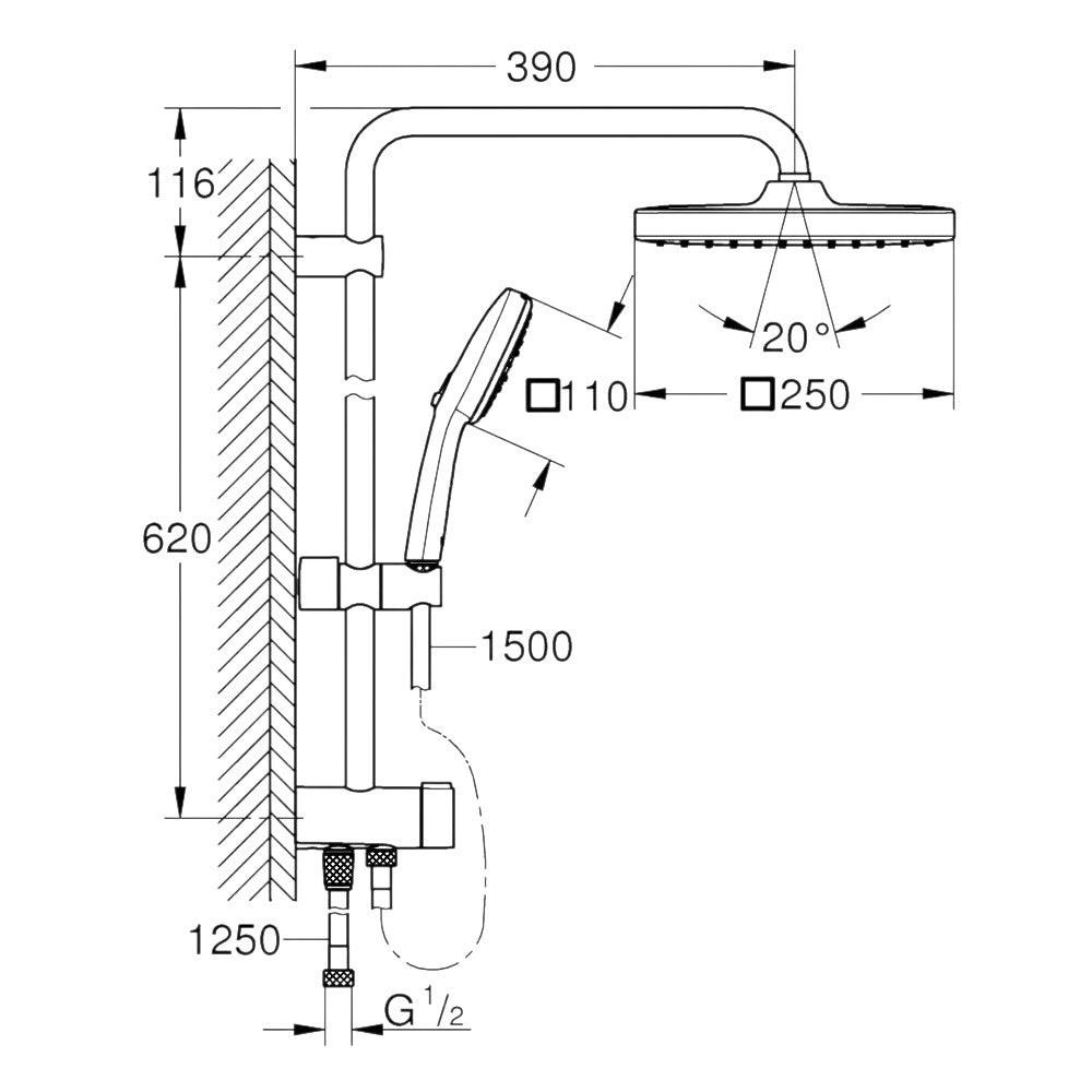 Grohe Tempesta System 250 Cube Flex zuhanyrendszer, Tempesta 250 Cube fejzuhany (26977001)