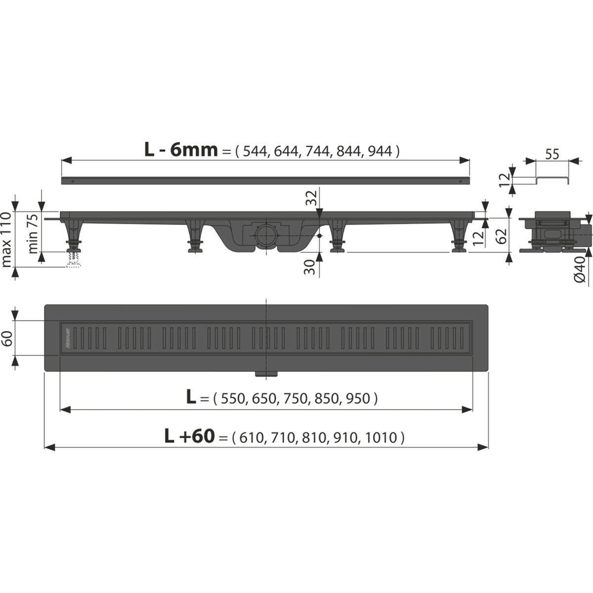 Alcaplast Zuhanyfolyóka APZ10BLACK - 650M fekete - matt (APZ10BLACK650M)