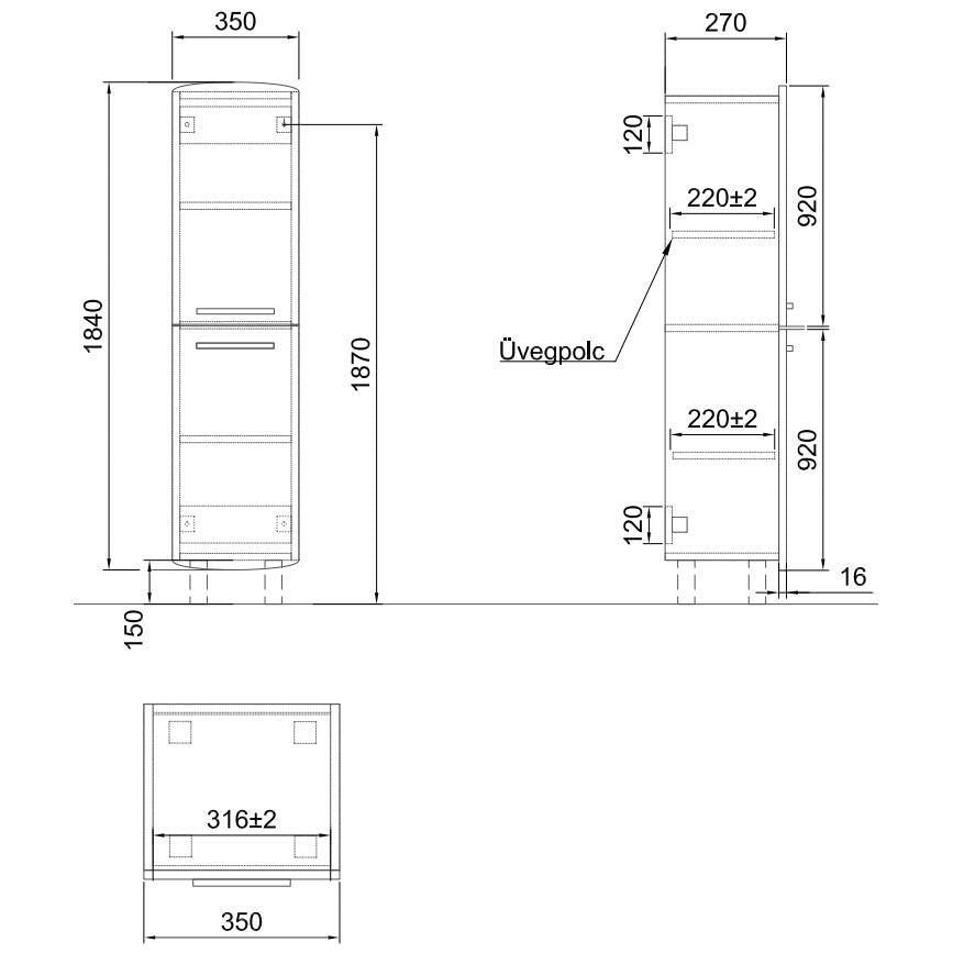 Alföldi Saval 2.0 magasszekrény 35x180x27cm, fényes fehér, 2 nyíló ajtó, üvegpolc, láb nélkül (A899 00 E4)