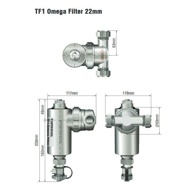 FERNOX TF1 OMEGA filteriszapleválasztó, mágneses, fémházas 22mm-1
