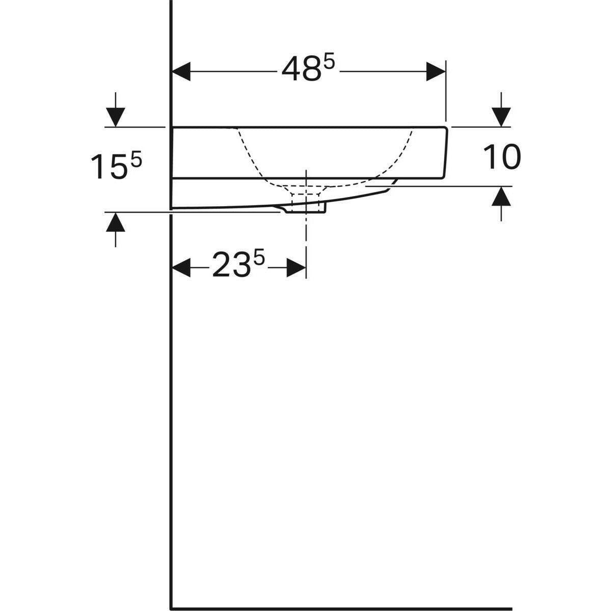 Geberit iCon mosdó, 75x15,5x48,5cm, csaplyuk közepén, túlfolyó látható