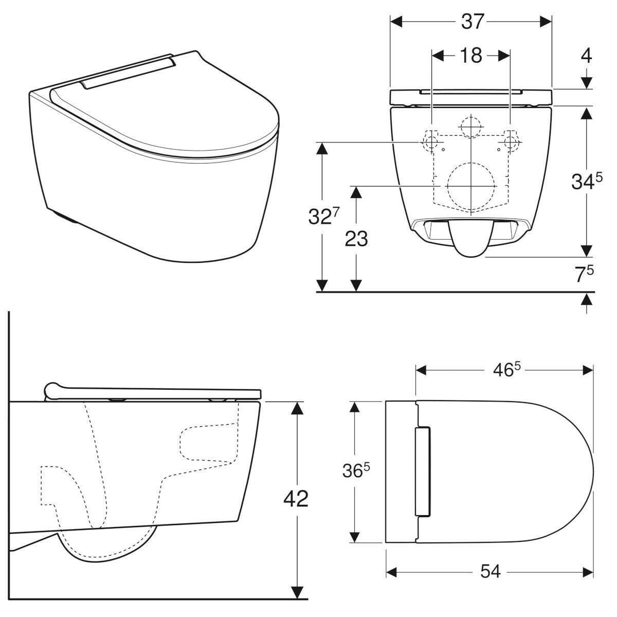 Geberit ONE fali WC - csésze, TurboFlush, WC tetővel, mélyöblítésű, 54cm, fehér, KeraTect®