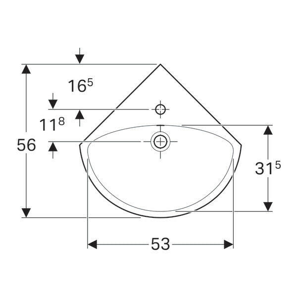 Geberit Selnova sarok kézmosó 59x17,8x56 cm, középen csaplyuk, látható túlfolyó (500.327.01.1)-1