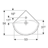 Geberit Selnova sarok kézmosó 59x17,8x56 cm, középen csaplyuk, látható túlfolyó (500.327.01.1)-1