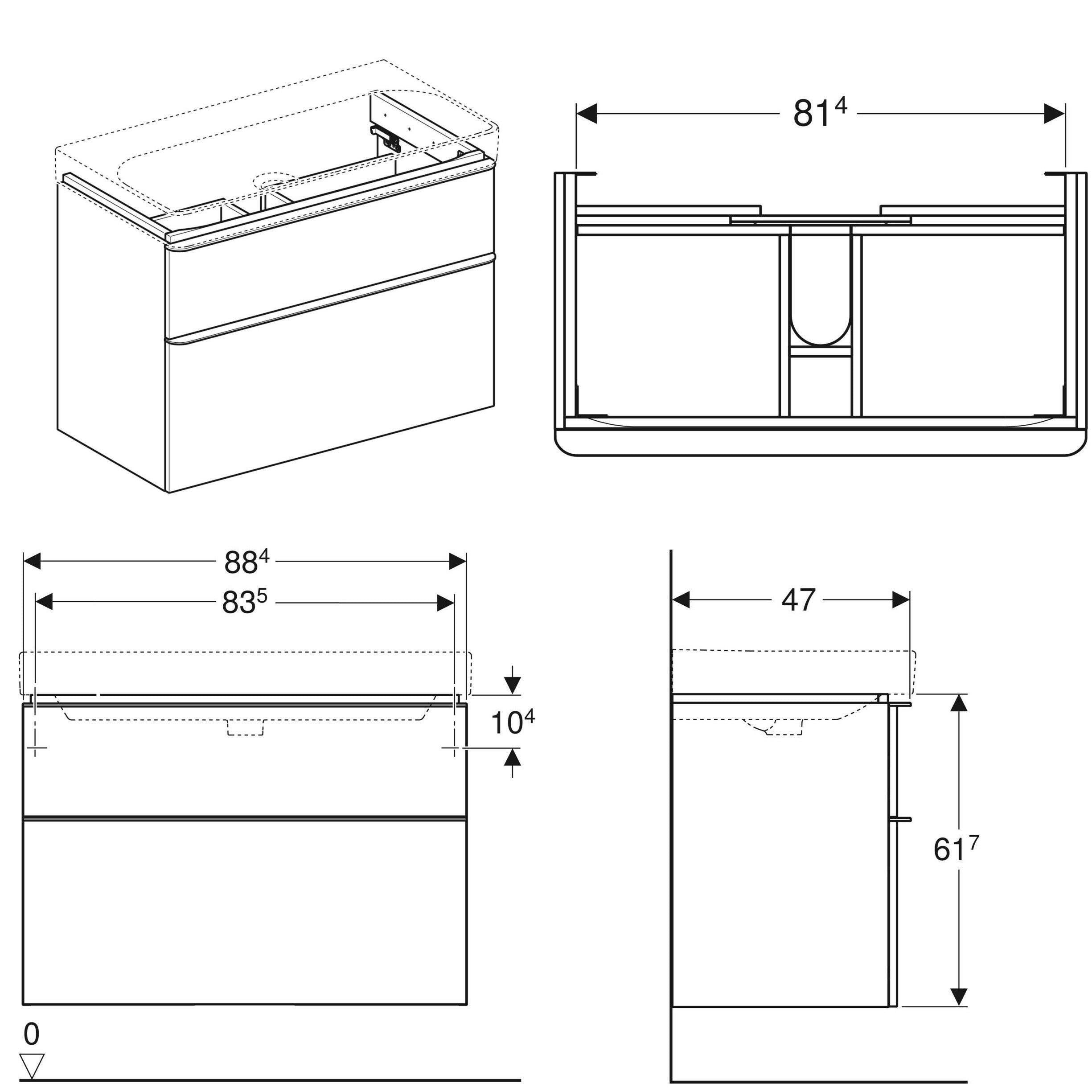 Geberit Smyle Square alsó szekrény mosdóhoz, két fiók, 88.4x61.7x47, magasf. lakkozott homokszürke