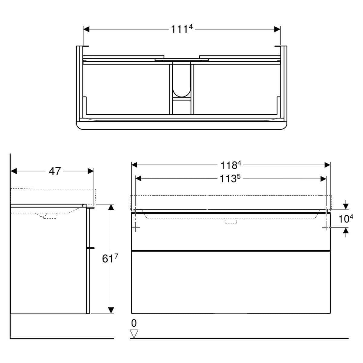 Geberit Smyle Square alsó szekrény mosdóhoz, két fiókkal, 118,4x61,7x47cm, mag.fény.lakk. homokszür