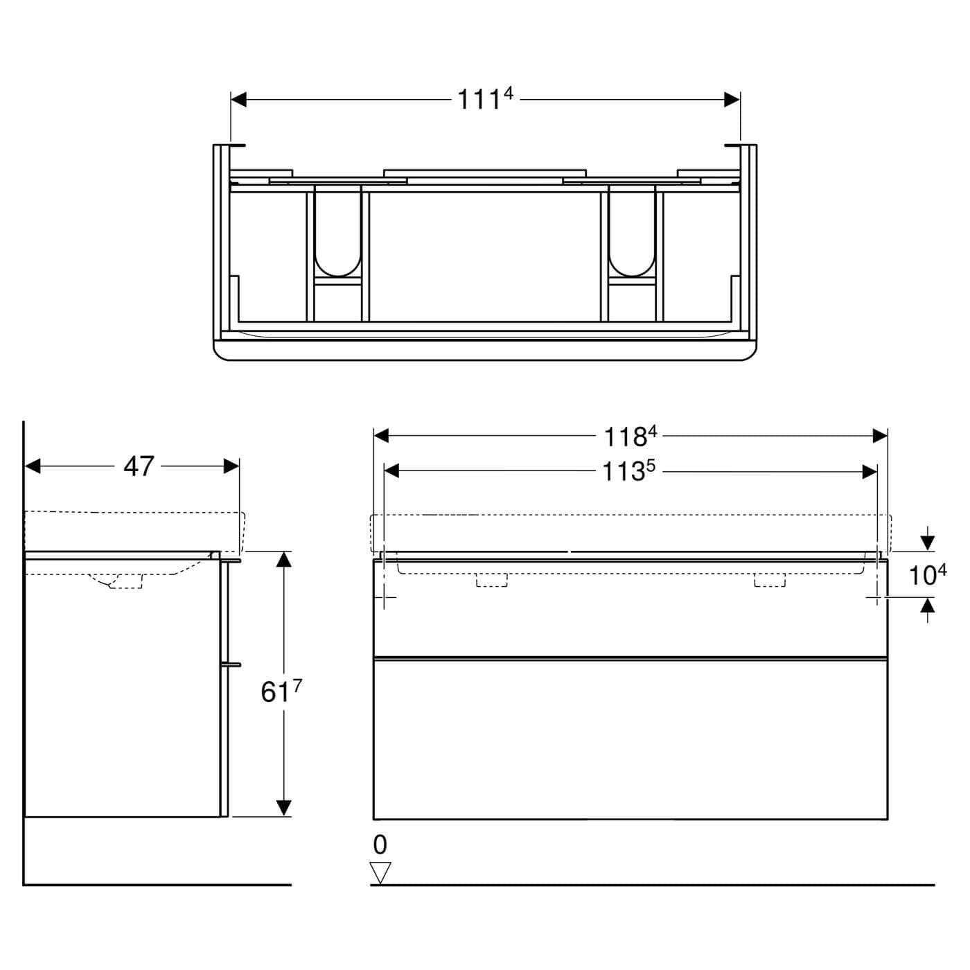 Geberit Smyle Square alsó szekrény dupla mosdóhoz, 2 fiók, 118x62x47, magasfényű lakozott fehér