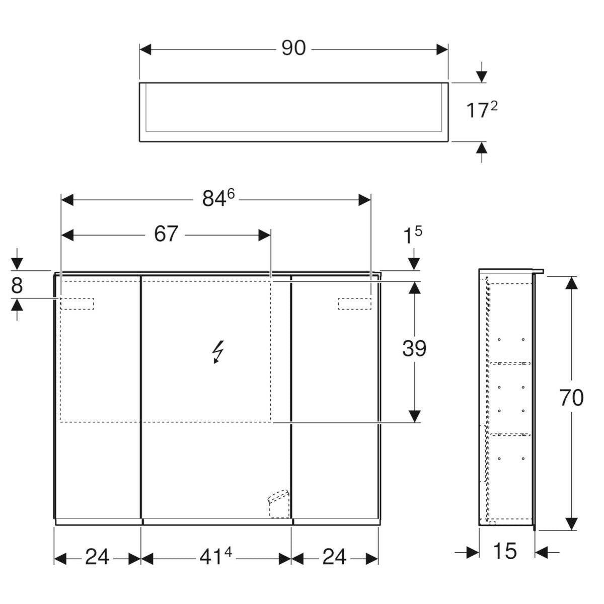 Geberit Option Plus tükör szekrény világítással, 3 ajtóval,  90x70x17,2cm-4