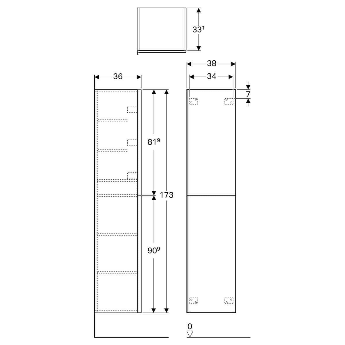 Geberit Acanto magas kiegészítő szekrény 2 ajtóval, magasfényű fehér, 38x173x36cm-3