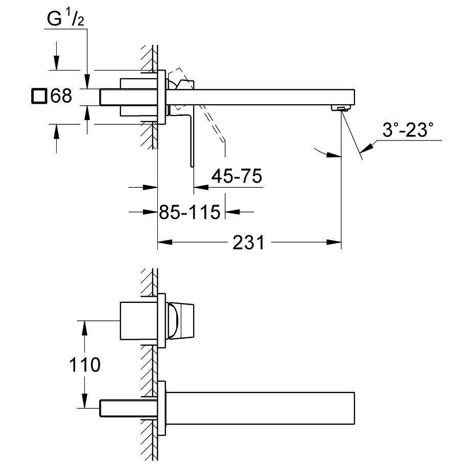 Grohe Eurocube fali mosdó csaptelep 231 mm benyúlással beépítő szetthez (23447000)