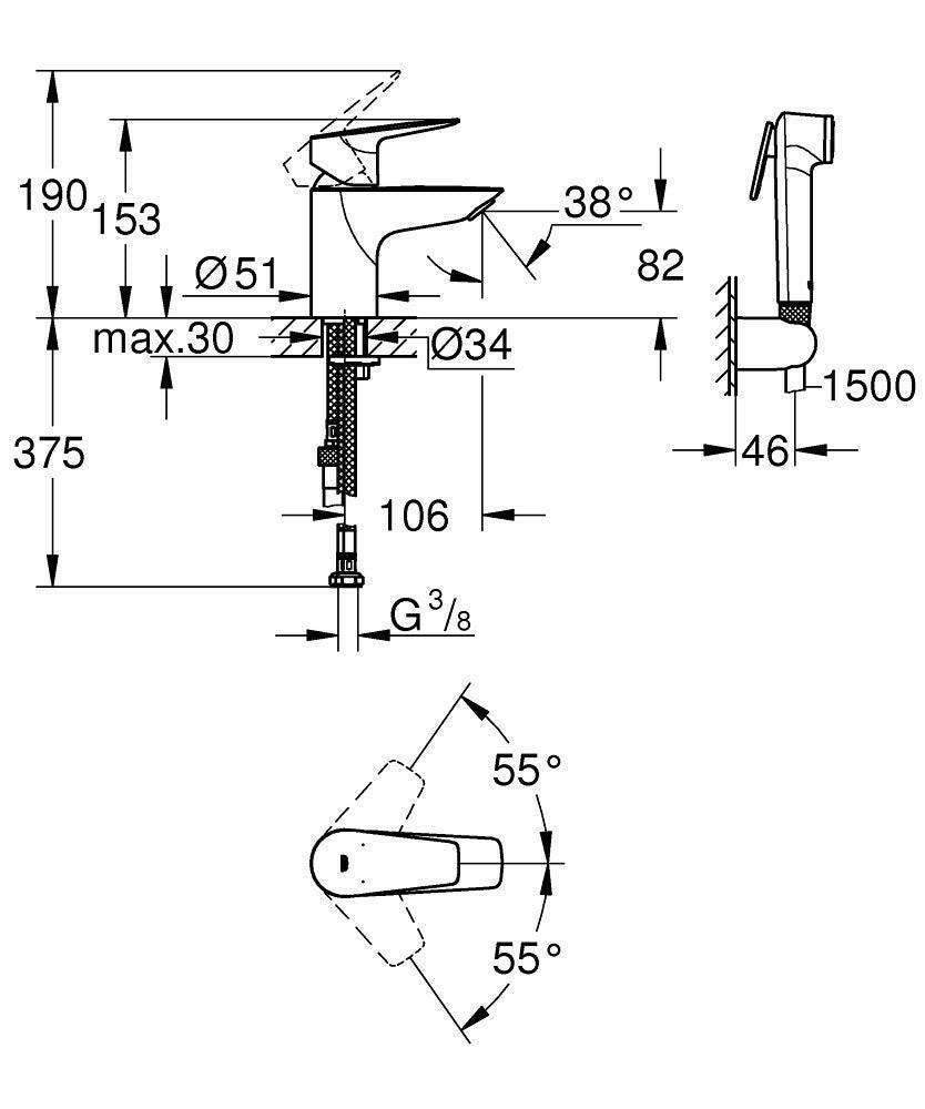 Grohe Bauedge mosdócsaptelep S - es méret + bidé zuhanyszett (23757001)