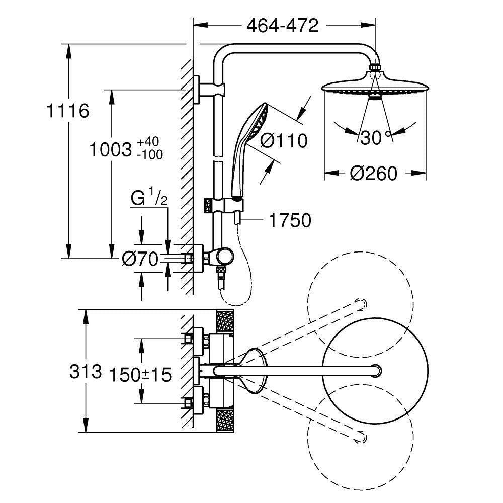 Grohe Euphoria System 260 zuhanyrendszer termosztátos csapteleppel, falra szereléshez