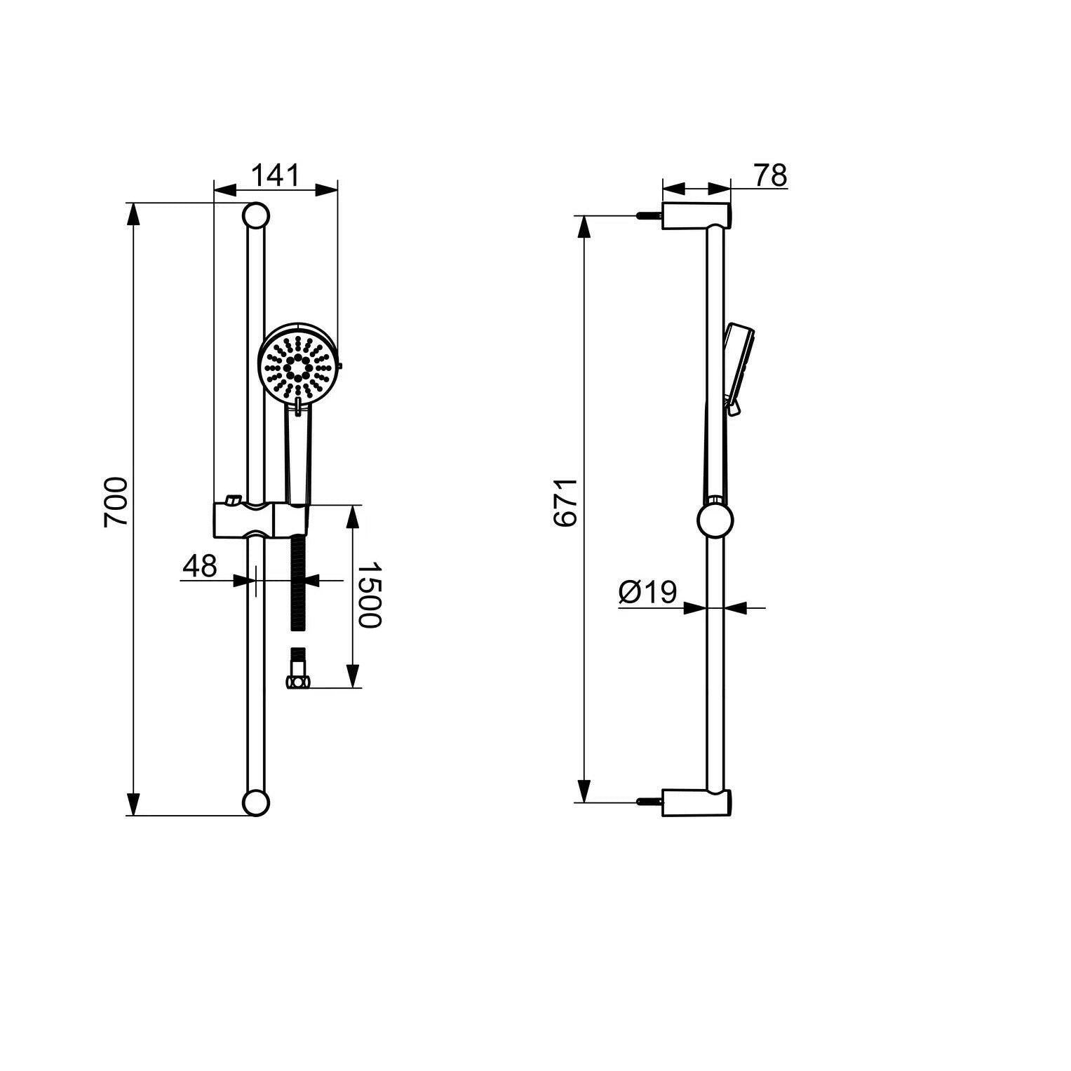 Hansa Basic zuhanytartó szett állítható 70 cm, zuhanygégecső fém 150cm, 3 funkciós zuhanyfejjel ( 55780133 )