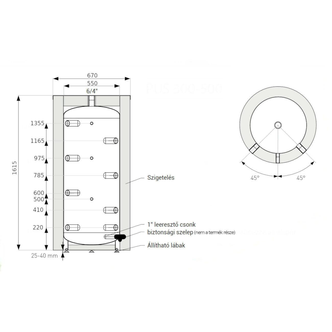 Heizer PUS - 300 puffertároló hőcserélő nélkül, fix szigetelés (PUS300)