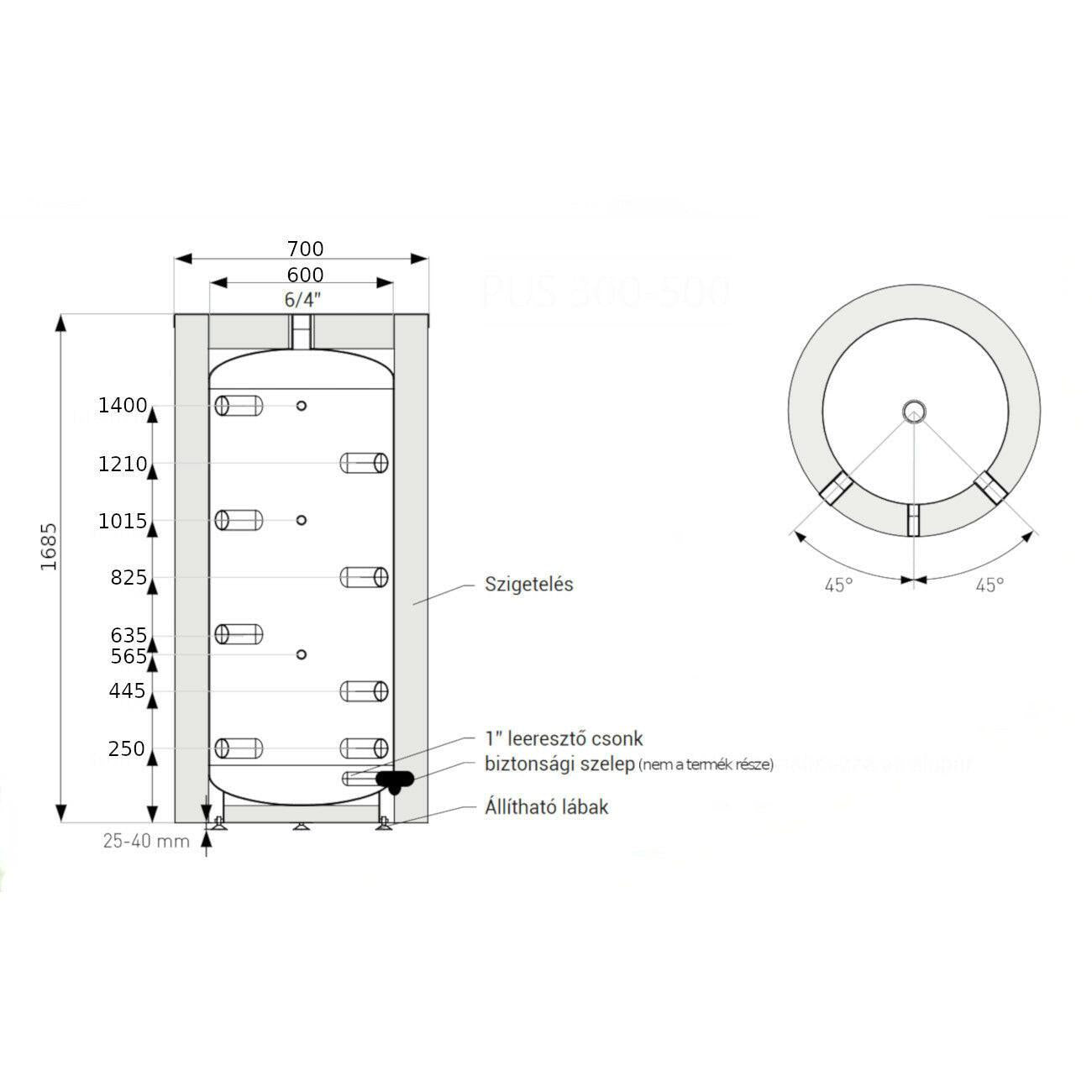 Heizer PUS - 400 puffertároló hőcserélő nélkül, fix szigetelés (PUS400)
