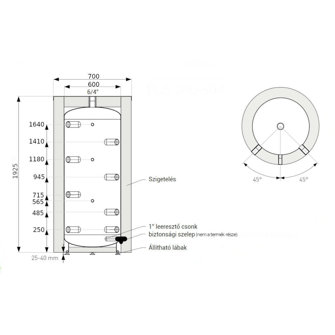 Heizer PUS - 500 puffertároló hőcserélő nélkül, fix szigetelés (PUS500)