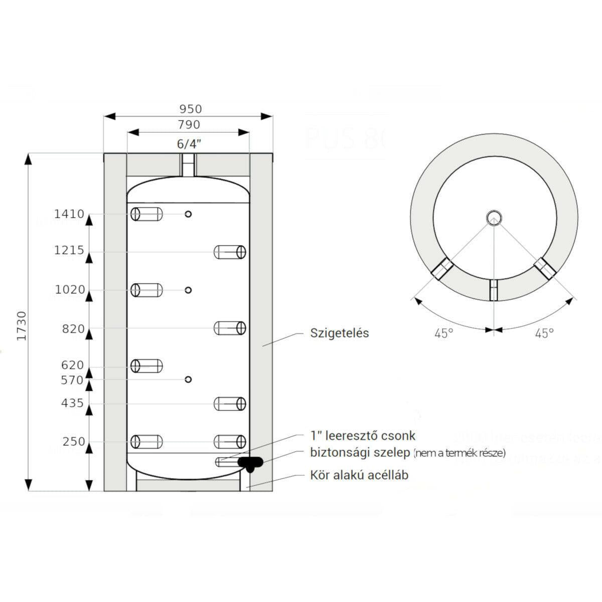 Heizer PUS - 800 puffertároló hőcserélő nélkül, levehető szigetelés (PUS800)