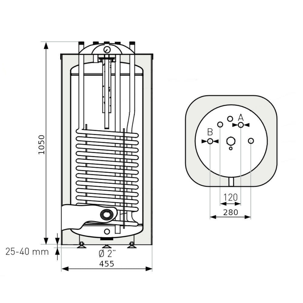 Heizer S-100 indirekt tároló álló, szögletes forma, 1 hőcserélő, fix szigetelés, 100l-1