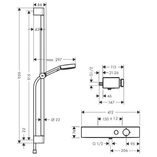 Hansgrohe Pulsify Select Zuhanyrendszer 105, 3 jet RelAXORation, kézizuhannyal termosztáttal