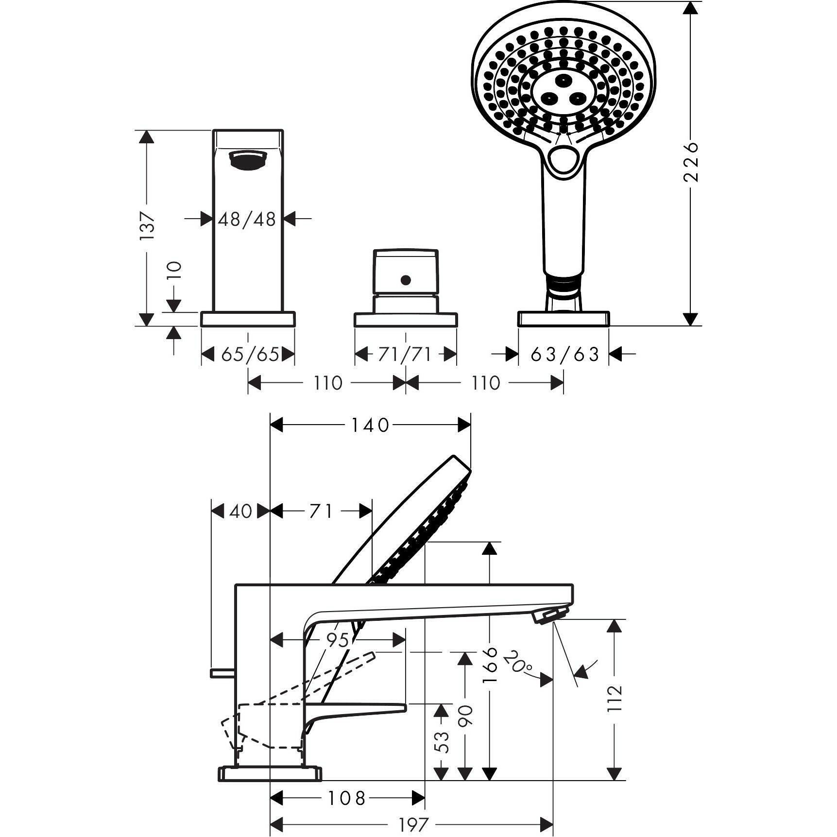 Hansgrohe Metropol 3-lyukú kádcsaptelep peremre építhető Secuflex nélkül, loop fogantyúval-1