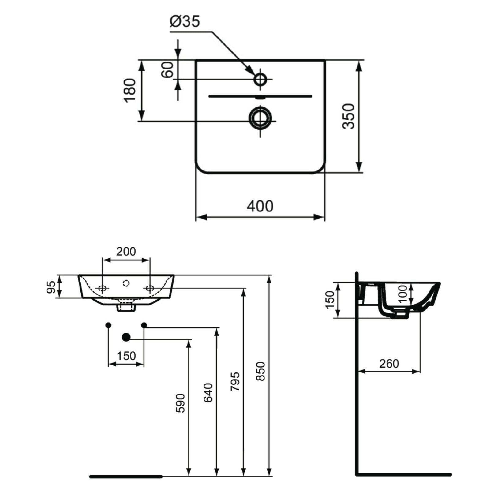 Ideal Standard Connect Air mosdó 40x35 cm, 1 furattal középen, matt fekete (E0307V3)