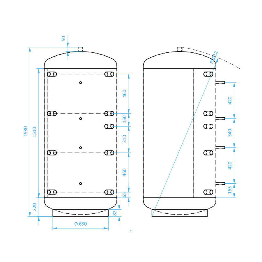 Install Storax HS puffertároló, 1000l, D=850mm, hőcserélő nélkül-2