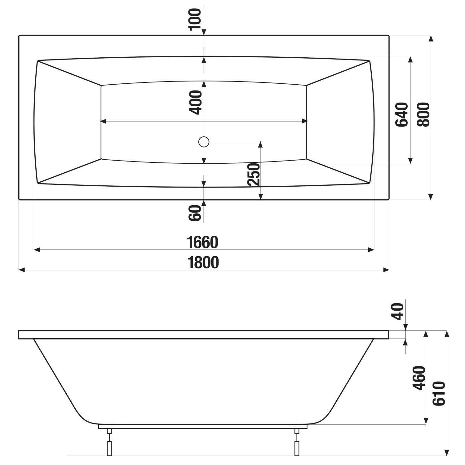 Jika Cubito Pure akril kád 180x80 cm, lábbal, középlefolyóval, fehér-1