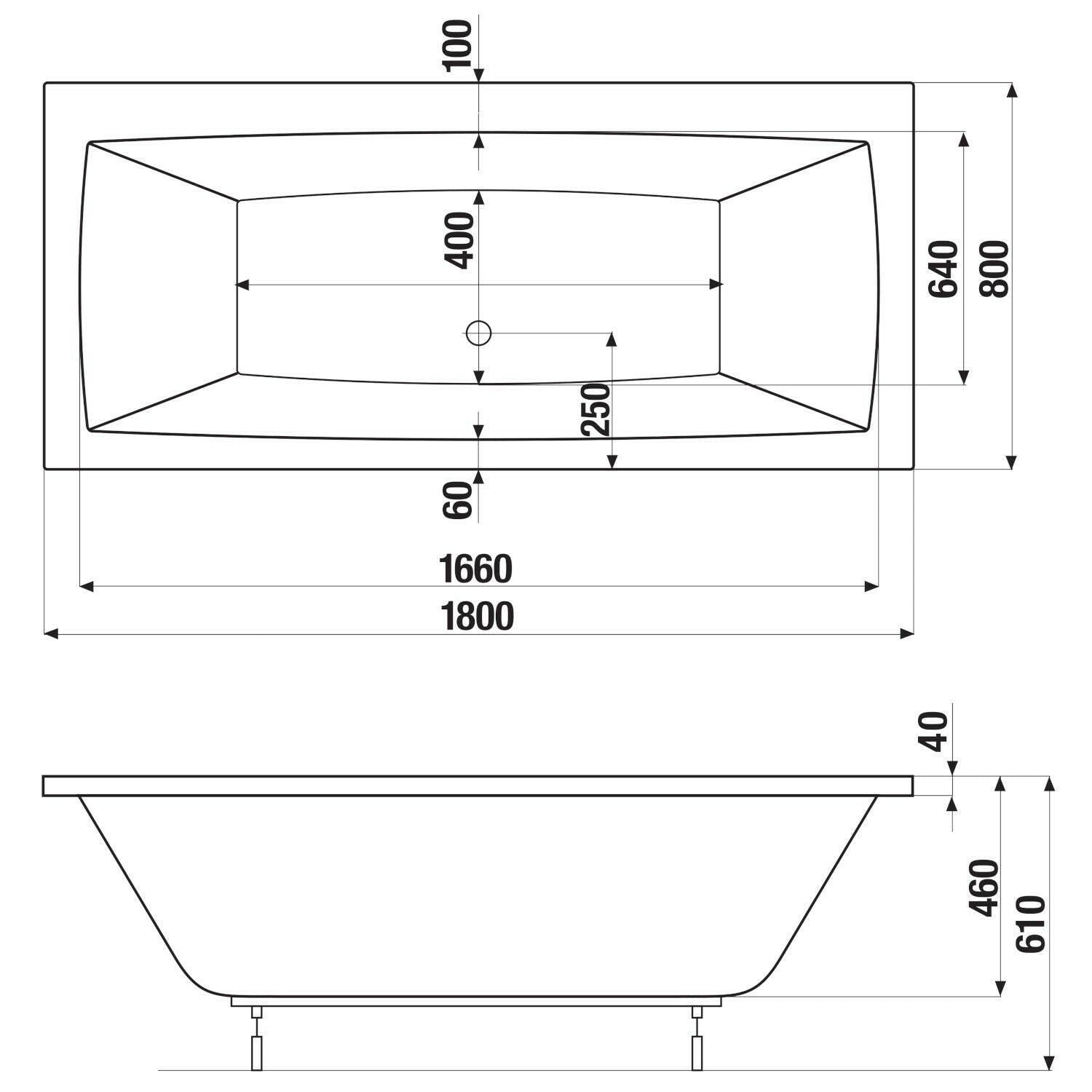 Jika Cubito Pure akril kád 180x80 cm, lábbal, középlefolyóval, fehér