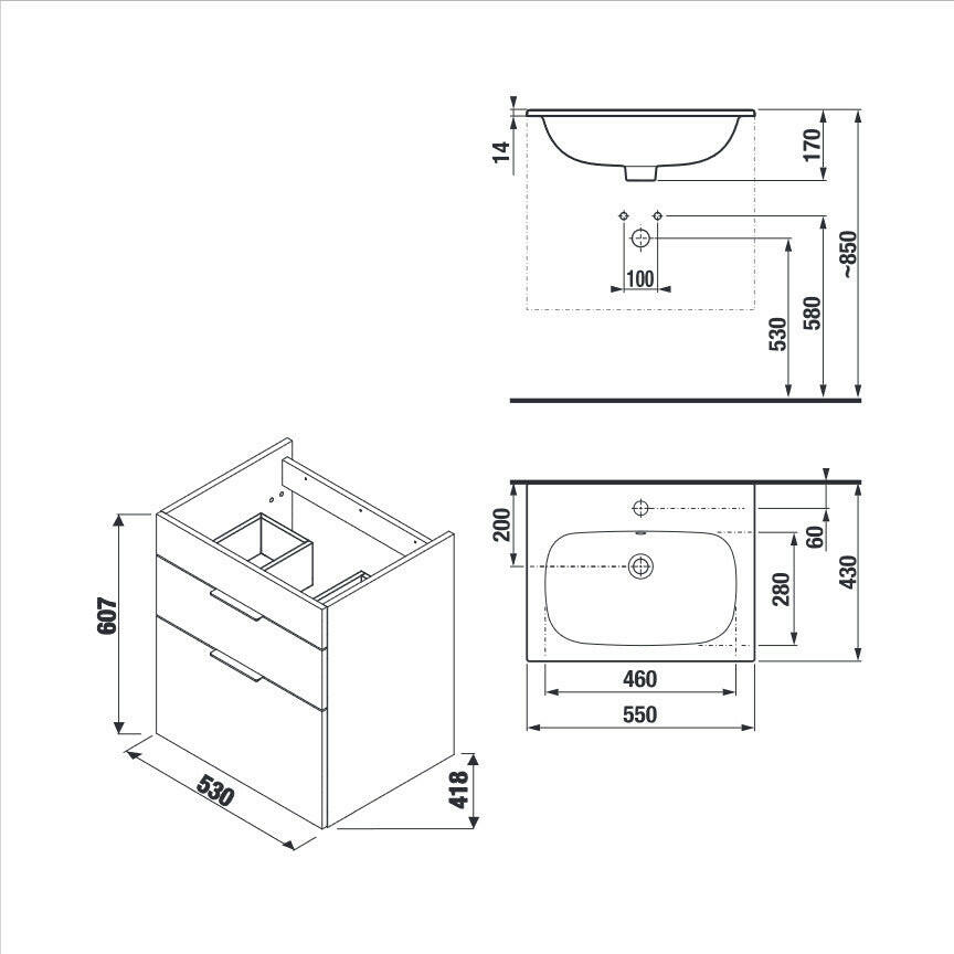 Jika Deep alsószekrény mosdóval 55x43cm, 2 fiókkal, kőris (1+1 PACK) ( H41J6134025141 )
