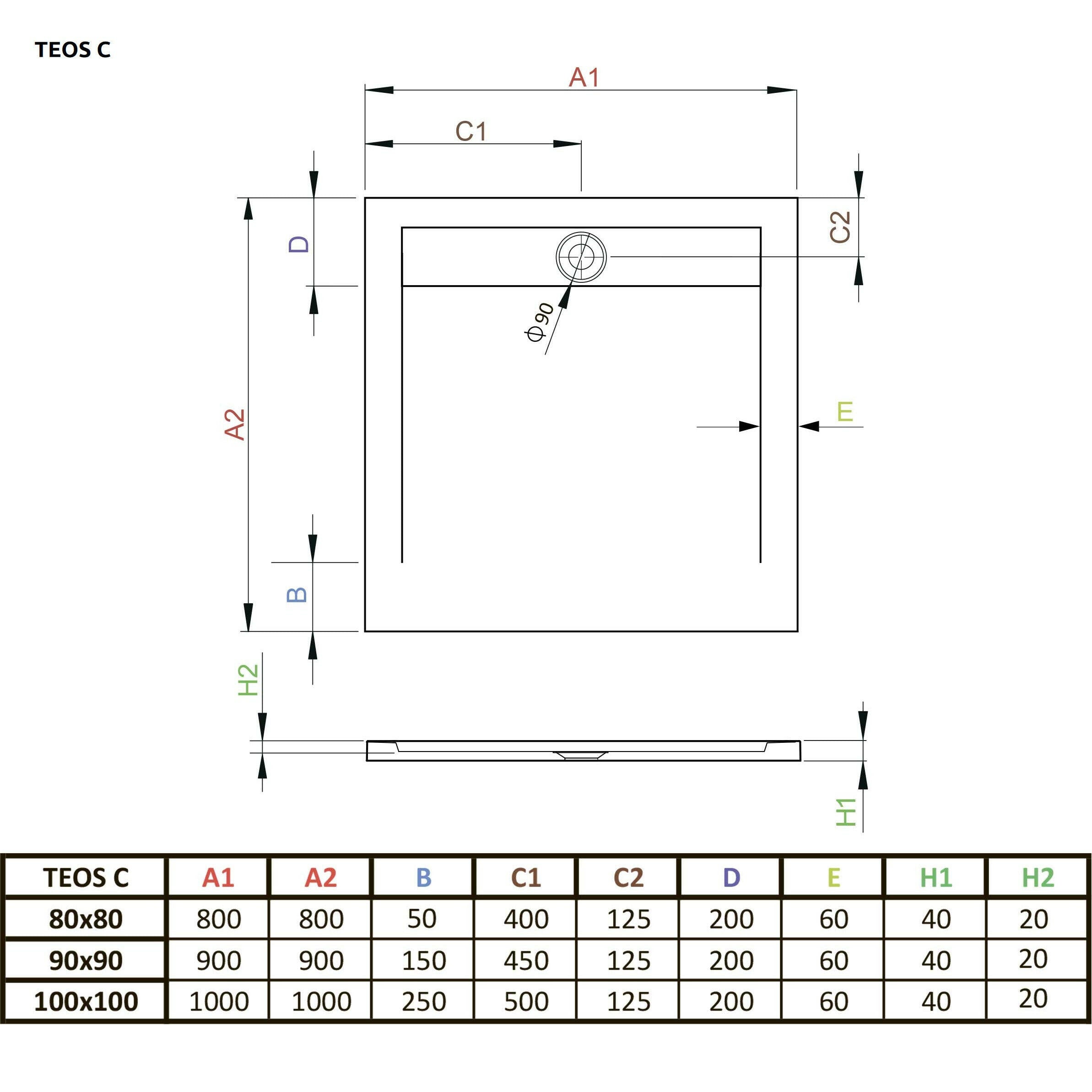 Radaway Teos C műmárvány zuhanytálca 90x90 fehér  (HTC9090-04)-2