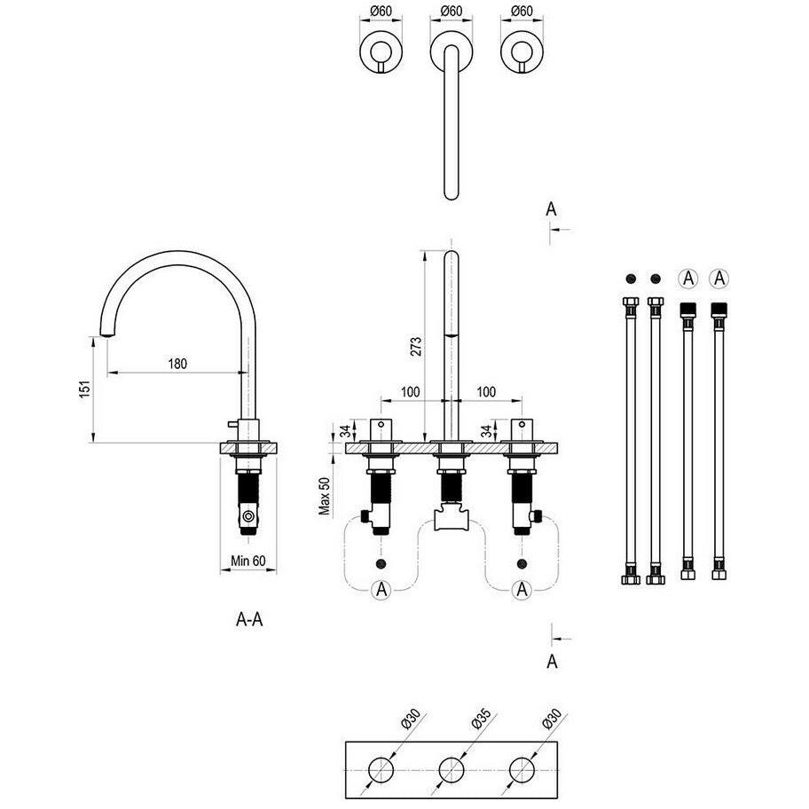 Ravak Espirit mosdócsaptelep, 3 furatos 270 mm, álló, leeresztő nélkül, króm-2