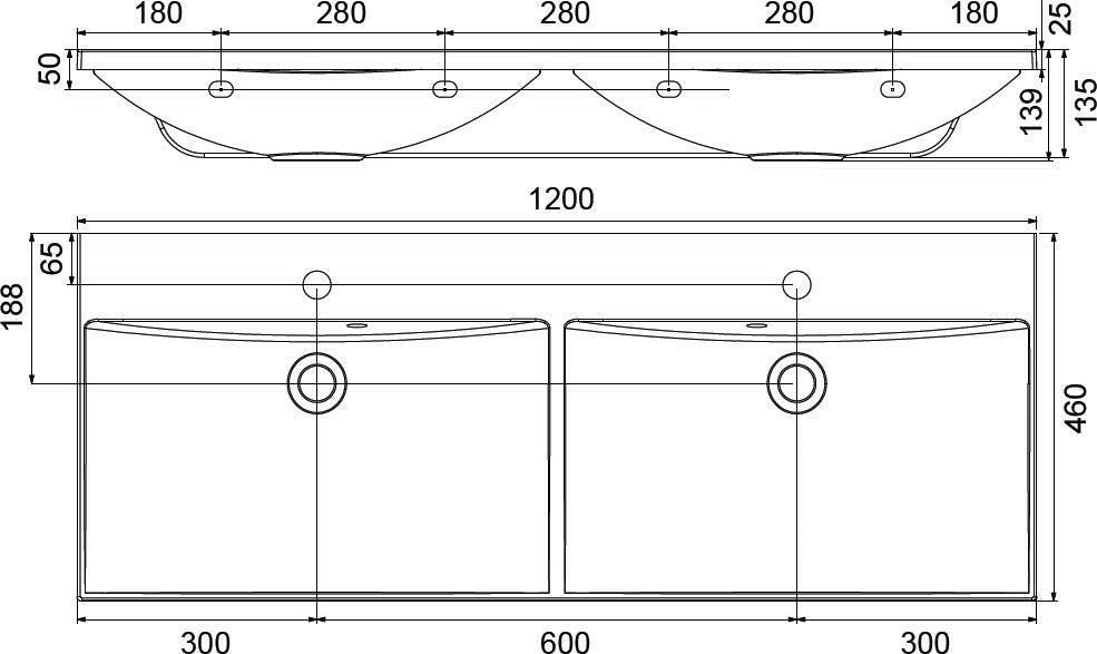 RAVAK Flat Duo 120x46 mosdó fehér, túlfolyóval ( XJP01112000 )