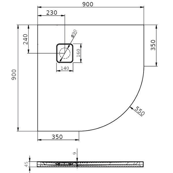 Riho Basel zuhanytálca 90x90 íves, szifonnal, matt fekete, króm fedő 451 (DC981700000000S)-1