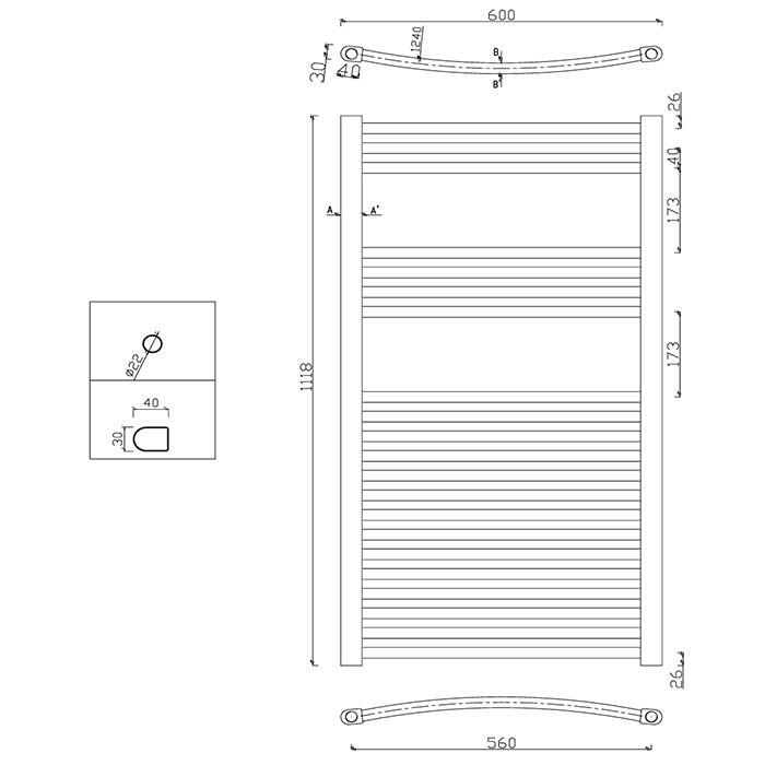 SAPHO ALYA íves fürdőszobai radiátor, 600x1118mm, 364W, króm (1110-10)-2