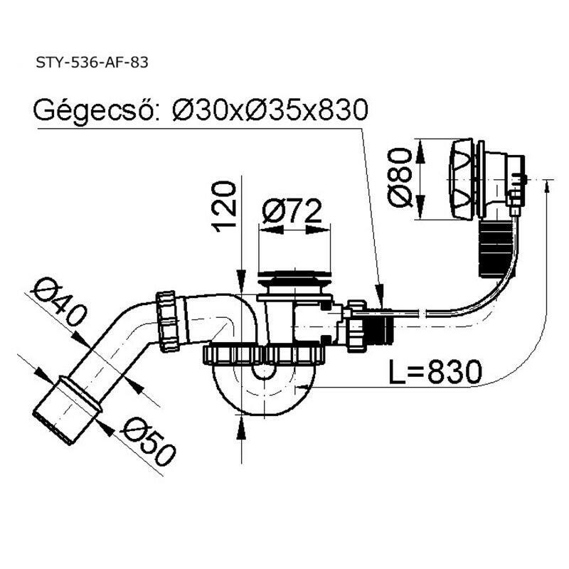 Styron kádszifon komplett automata fehér, 83cm hosszú (STY - 536 - AF - 83)