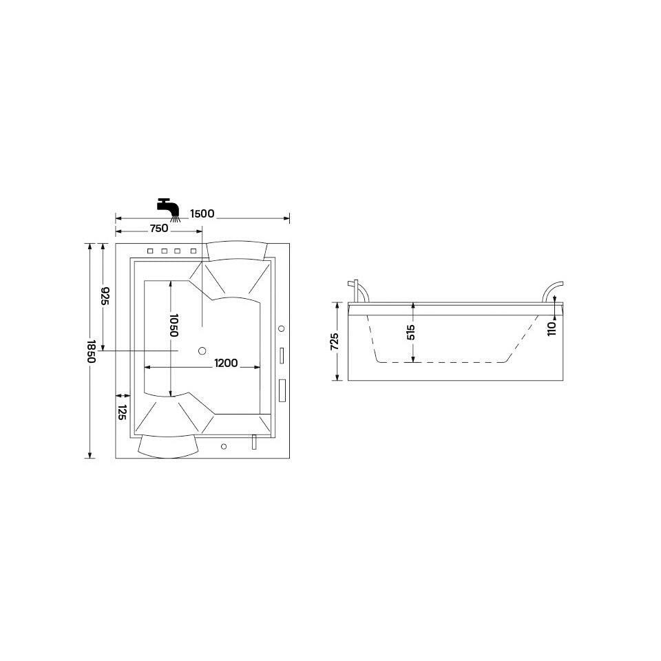 Wellis Nera Maxi Hydro™, hidromasszázs kád, csaptelep nélkül (185x150x72,5)-2