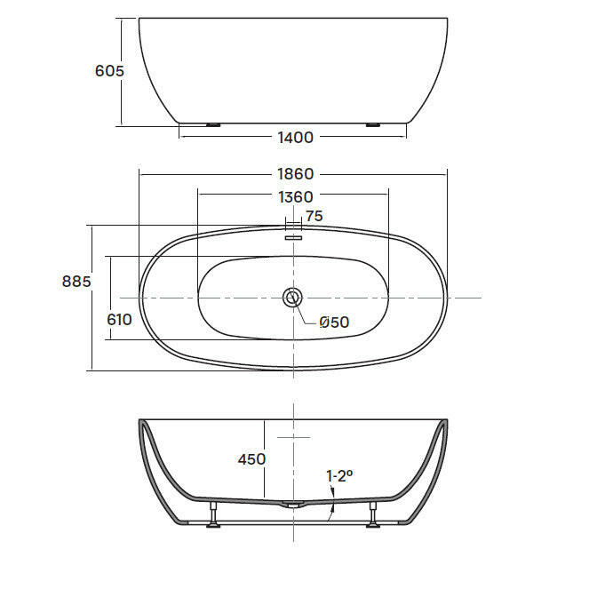 Wellis Oval 186 szabadon álló kád (186x88,5x60,5) le-és túlfolyó + szifon, rejtett szintező láb-2