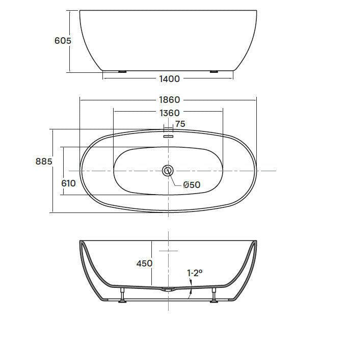 Wellis Oval 186 szabadon álló kád (186x88,5x60,5) le - és túlfolyó + szifon, rejtett szintező láb (WK00133)
