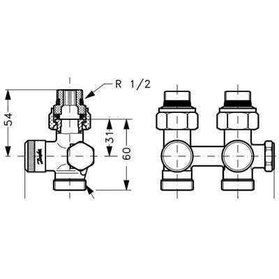 Danfoss RLV - K csapblokk egyenes R1/2" - G3/4"