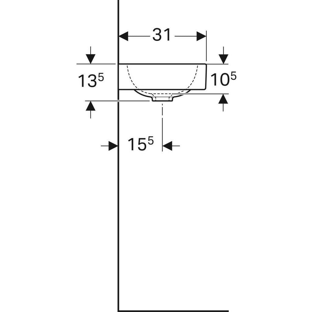 Geberit iCon kézmosó pakolófelülettel 53x13,5x31cm, csaplyuk bal oldalt, túlfolyó nélkül (124153000)