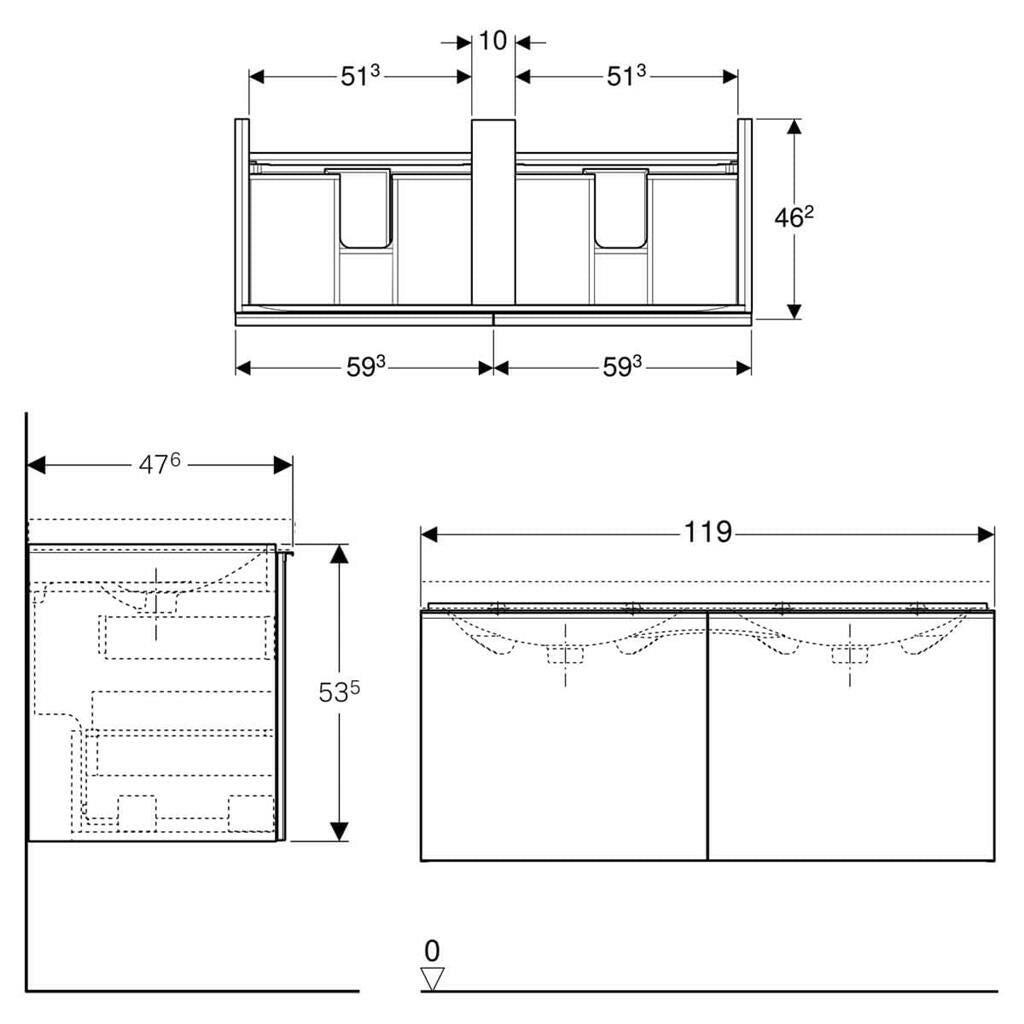 Geberit Acanto alsó szekrény duplamosdóhoz, 2 fiók, bűzzár, 119x53.5x47.6 cm, magasfényű fehér (500.613.01.2)