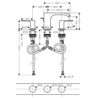 Hansgrohe Vivenis 3 lyukú mosdócsaptelep 90, automata lefolyógarnitúrával, matt fekete ( 75033670 )