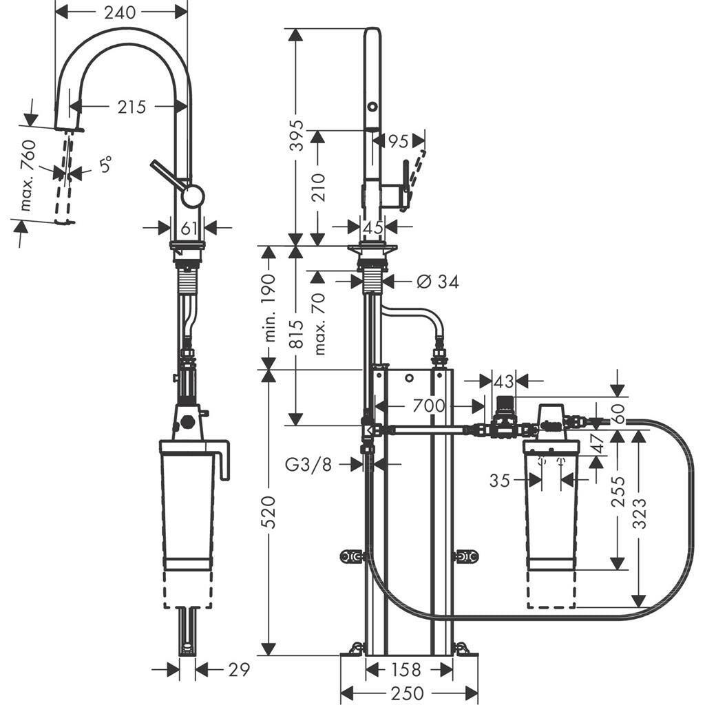 Hansgrohe Aqittura M91 Filtersystem konyhai csaptelep 210, kihúzható kifolyó, 1jet, sBox, matt fekete (76800670) - méretrajz