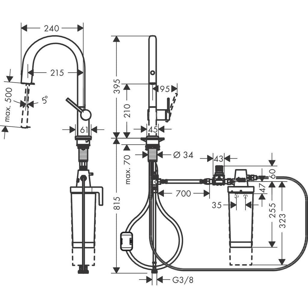 Hansgrohe Aqittura M91 Filtersystem konyhai csaptelep 210, kihúzható kifolyó, 1jet  (76801000) - méretrajz