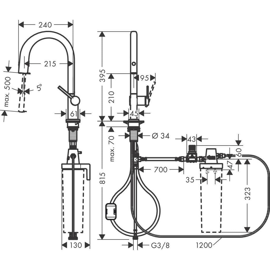 Hansgrohe Aqittura M91 Filtersystem konyhai csaptelep 210, kihúzható kifolyó, 1jet (76803000) - méretrajz